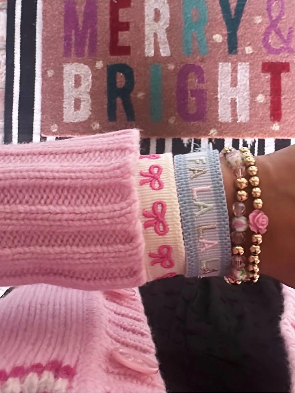 Pink Bow Appliqué Adjustable Woven Bracelet